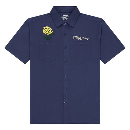 Drifter Shirt - Yellow Rose navy short sleeve with yellow rose and "Stay Sharp" embroidery by TEXAS STANDARD