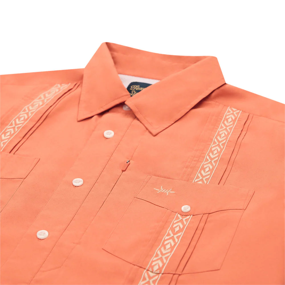 Guayabera Libre - Lagonsta Red men's short sleeve shirt with orange geometric trim, TEXAS STANDARD