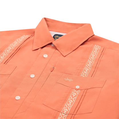 Guayabera Libre - Lagonsta Red men's short sleeve shirt with orange geometric trim, TEXAS STANDARD