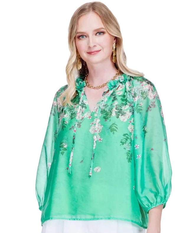 Dimensional Flowers Top - Emerald Bloom in floral poly voile, lightweight and breathable by JADE