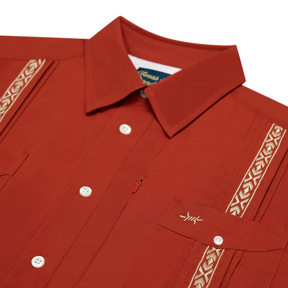 Guayabera Libre - Caprock Red men's short sleeve with geometric trim by TEXAS STANDARD
