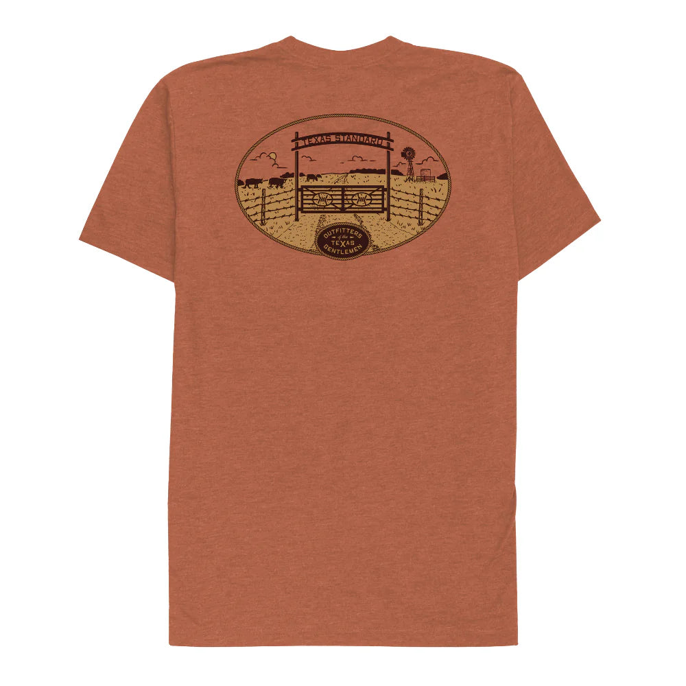 Heritage Printed Tee - Homestead in brown with vintage Texas ranch artwork by TEXAS STANDARD