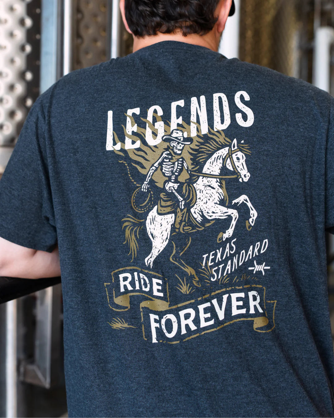 Heritage Printed Tee - Legends Ride Forever in gray blue with vintage Texas skeleton rider design