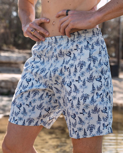 Waterloo Swim Shorts - Bluebonnet 7" in white floral and bird print, quick-dry TEXAS STANDARD