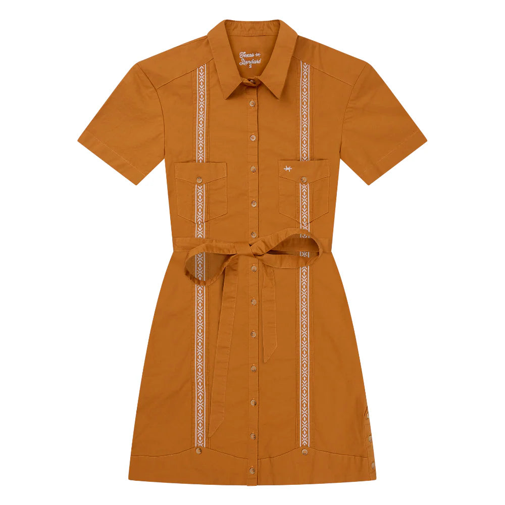 Tejas Guayabera Dress - Burnt Orange with button front, stretch cotton and waist tie by TEXAS STANDARD