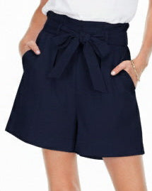 Belted Elastick Waist Short - Navy in stretch polyester with tie waist, Joy Joy Women's Shorts HCO