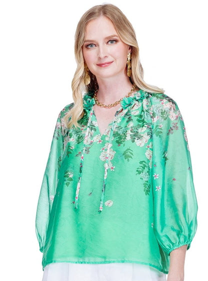 Dimensional Flowers Top - Emerald Bloom in lightweight floral poly voile by JADE, breathable style