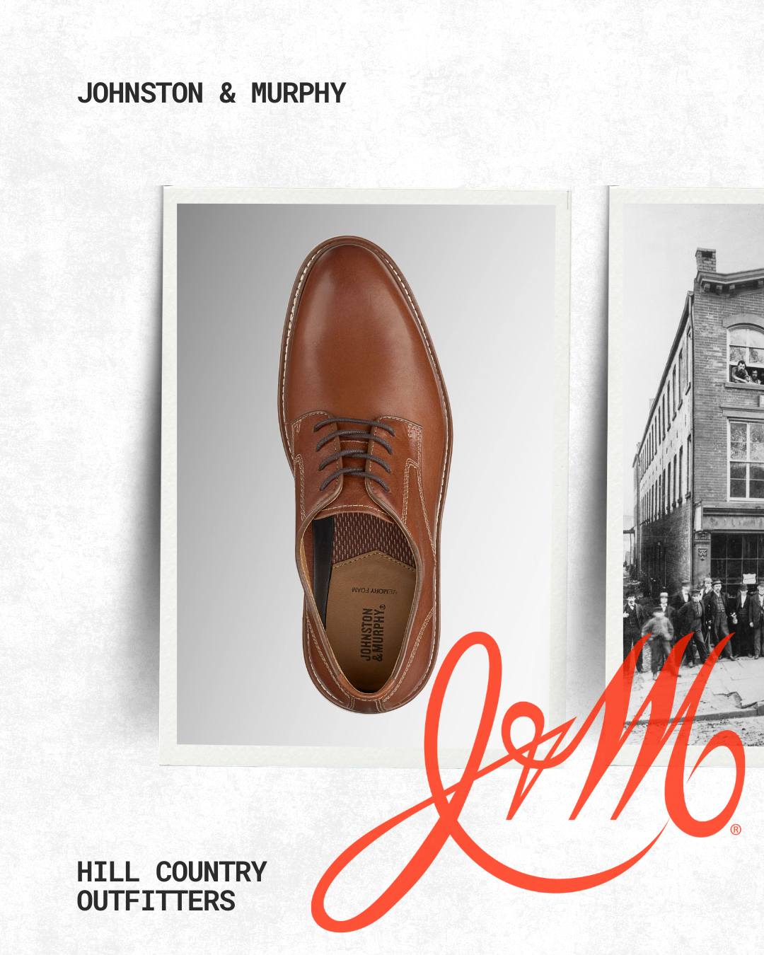 Brown leather dress shoe beside a vintage street scene with a red script signature