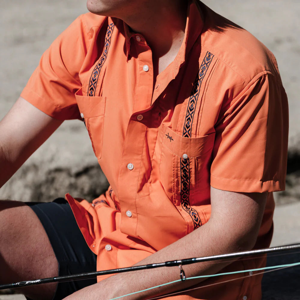 Guayabera Libre - Bahia Red orange geometric moisture-wicking fishing shirt by TEXAS STANDARD