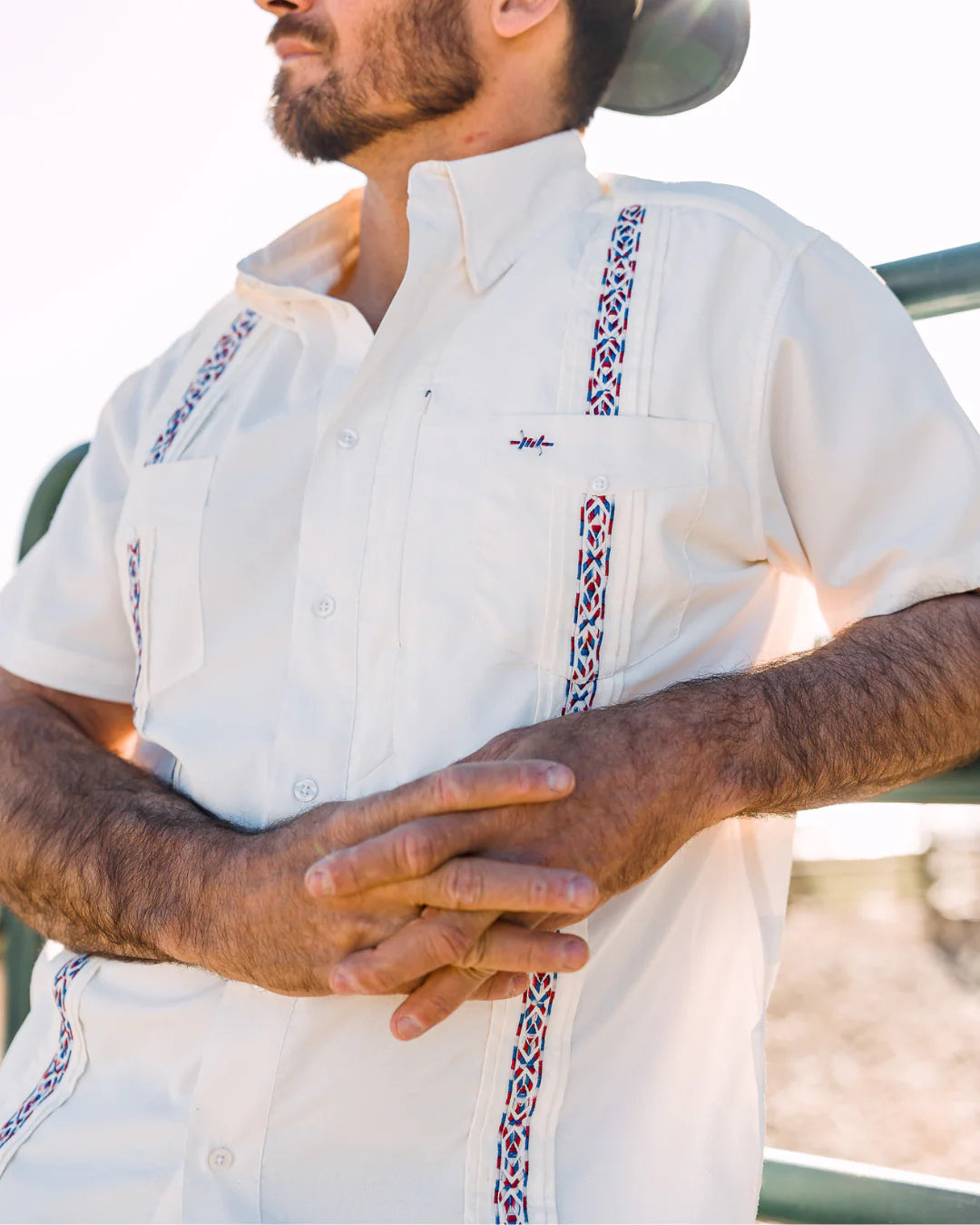 Guayabera Libre - Bandera white geometric short sleeve shirt with moisture wicking and UV protection