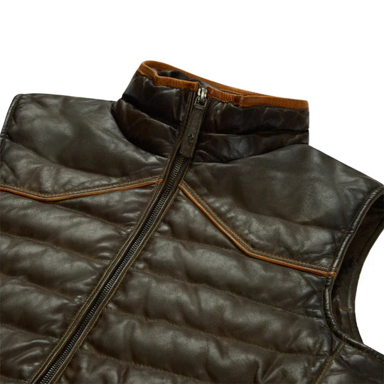 Maverick Leather Vest in brown lambskin with contrast piping, men's vests by TEXAS STANDARD