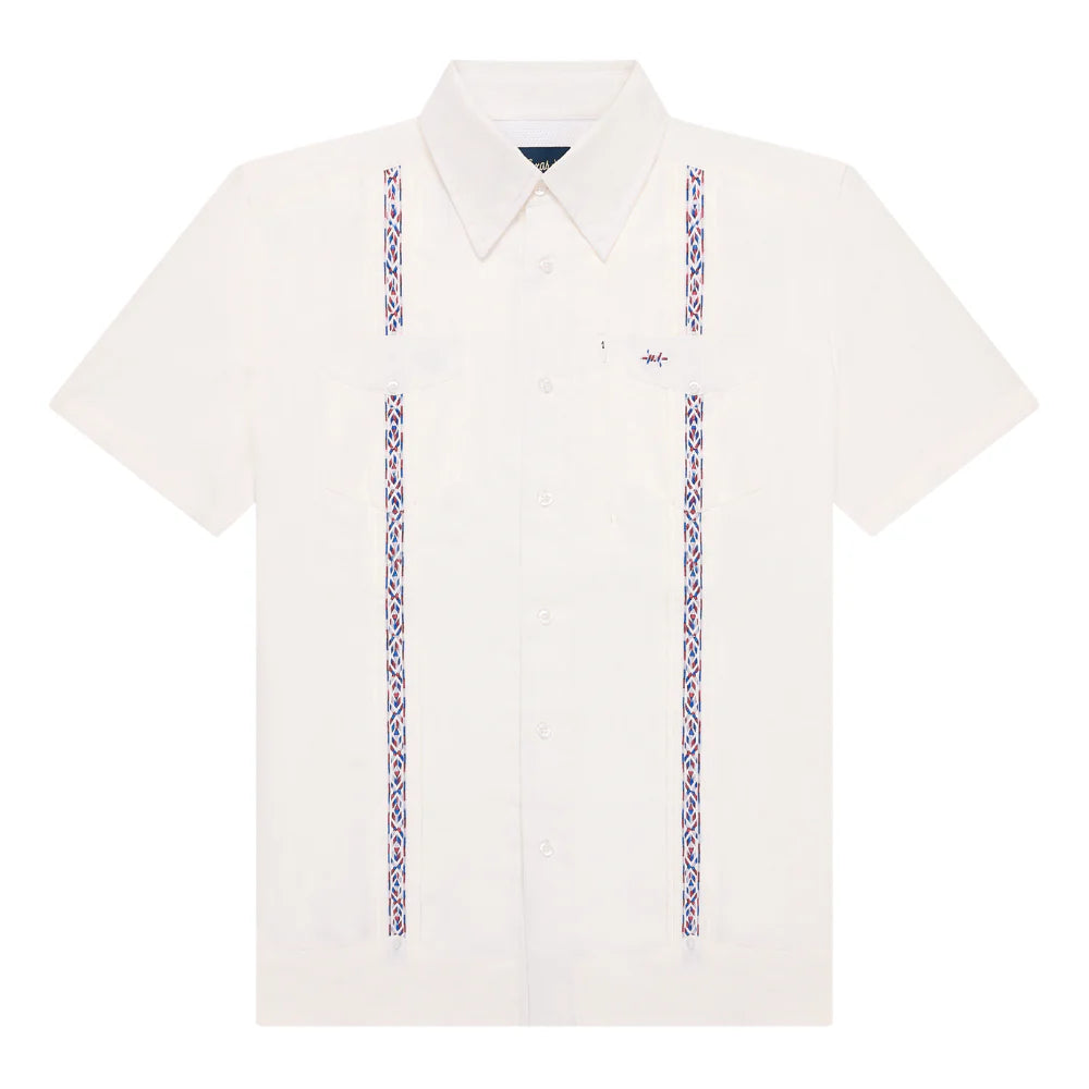 Guayabera Libre - Bandera white geometric short sleeve shirt with moisture wicking and UV protection