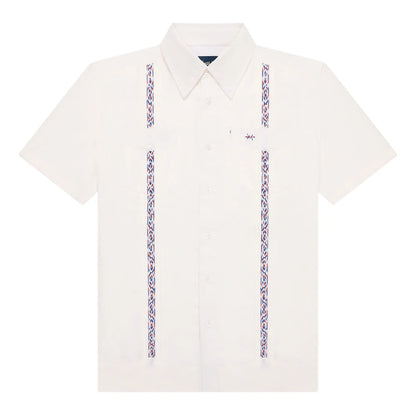 Guayabera Libre - Bandera white geometric short sleeve shirt with moisture wicking and UV protection