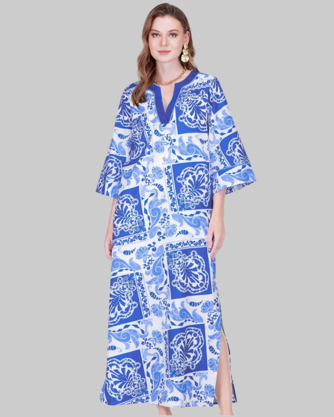 Trimmed Maxi - Cerulean Tiles dress in blue geometric print by JADE, curated Fredericksburg TX boutique