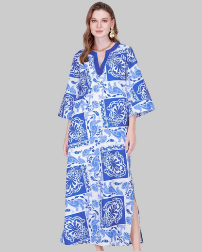 Trimmed Maxi - Cerulean Tiles dress in blue geometric print by JADE, curated Fredericksburg TX boutique