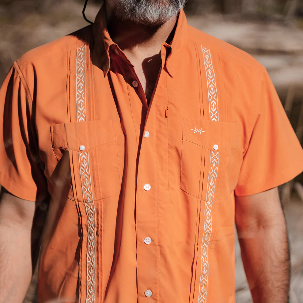 Guayabera Libre - Lagonsta Red men's shirt with orange geometric trim, moisture-wicking by TEXAS STANDARD