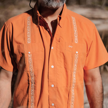 Guayabera Libre - Lagonsta Red men's shirt with orange geometric trim, moisture-wicking by TEXAS STANDARD