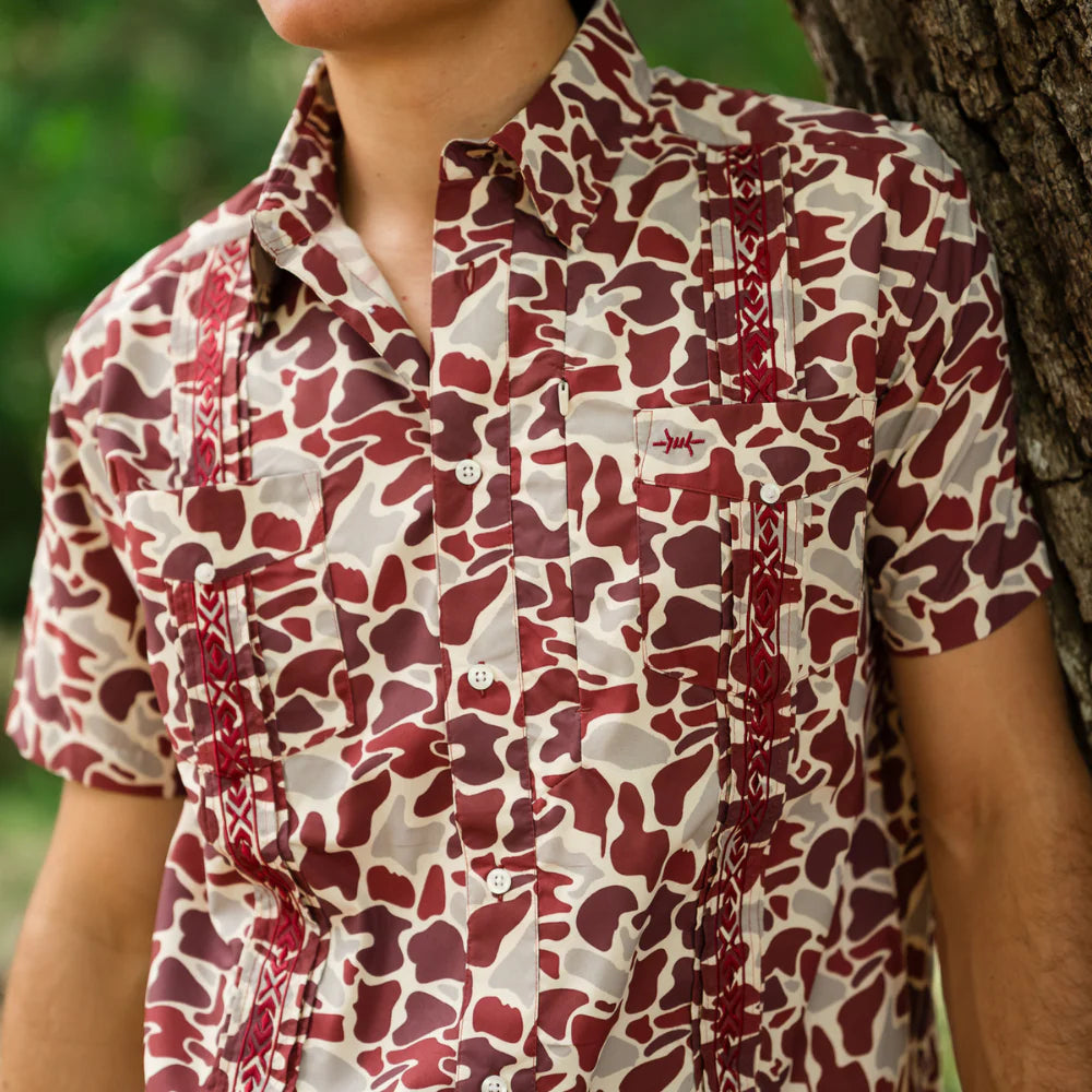 Guayabera Libre - Maroon Camo short sleeve shirt with moisture wicking by TEXAS STANDARD