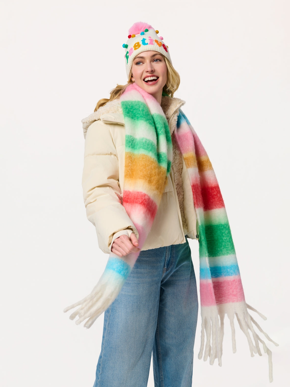 Lala Scarf with vibrant tie-dye stripes, wrinkle resistant, styled in Fredericksburg TX boutique
