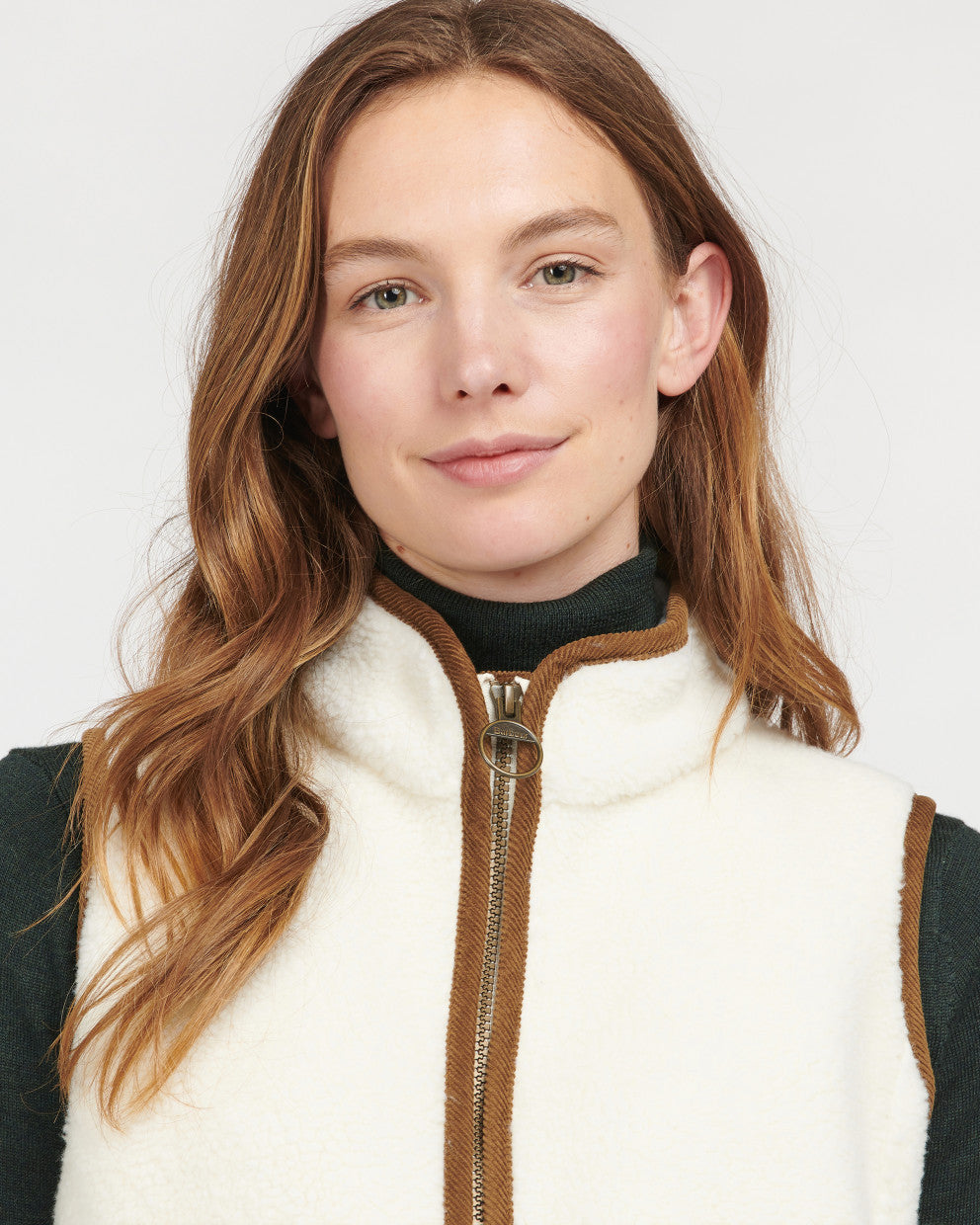 Burford Fleece sherpa vest in cream with brown binding, cozy layering, Barbour Women's collection