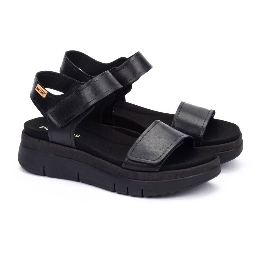 Palma W4N-0940 black leather sandals with cushioned sole by PIKOLINOS, Women's Shoes HCO