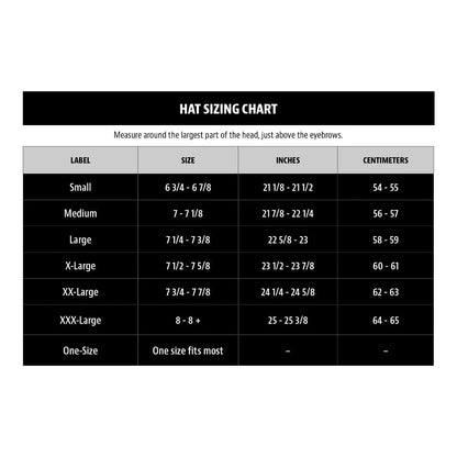 Adelle Boater black hat sizing chart with head measurements in inches and centimeters