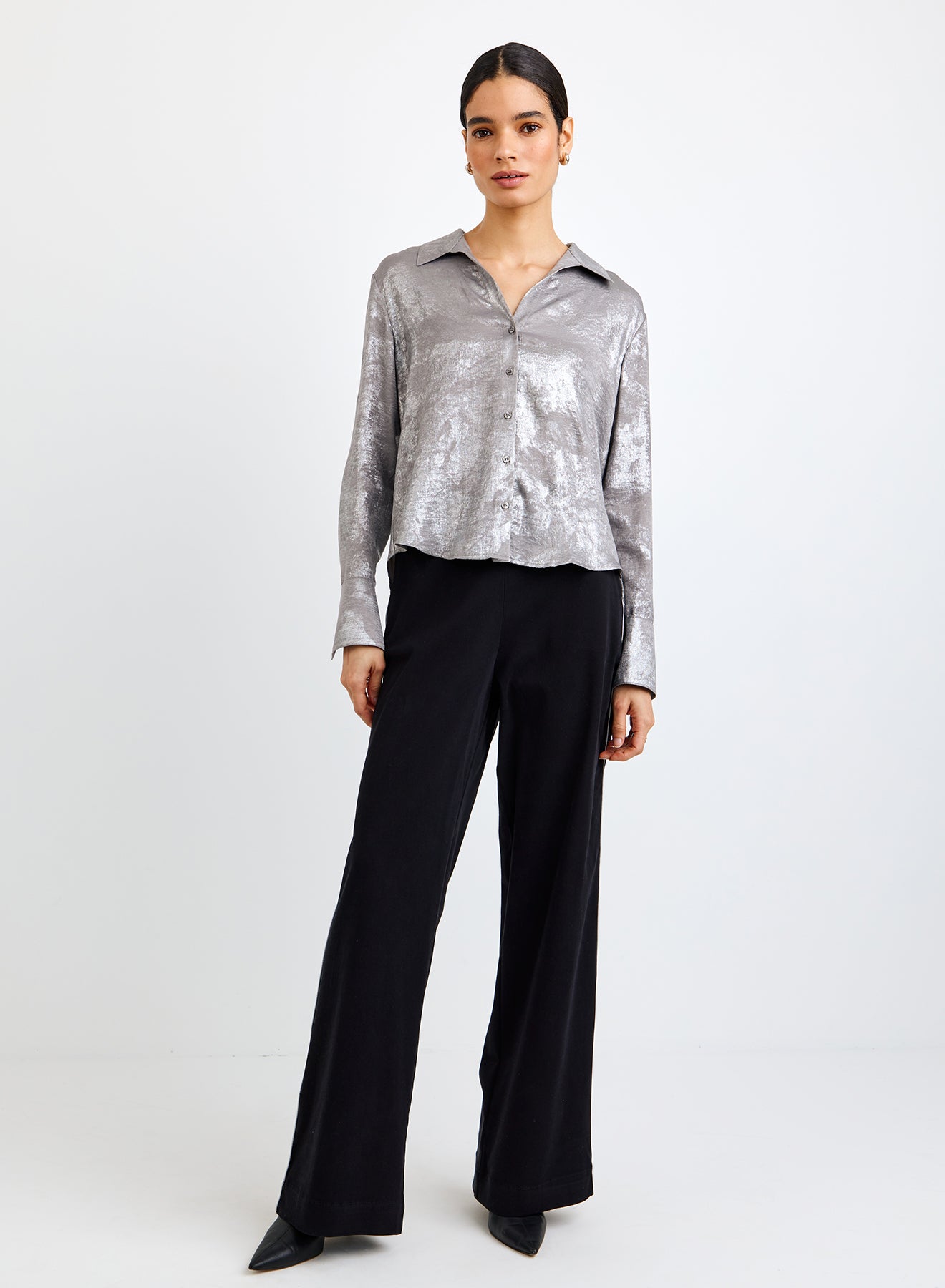 Flowy Wide Collar Button Down - Silver Distress Foil