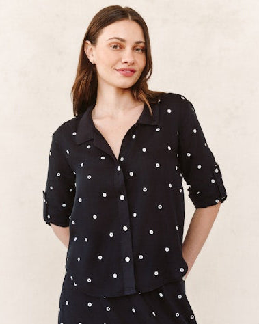 Drop Collar Boxy Button Down - Cabana Dot black semi-sheer shirt by BELLA DAHL, HCO women’s shirts