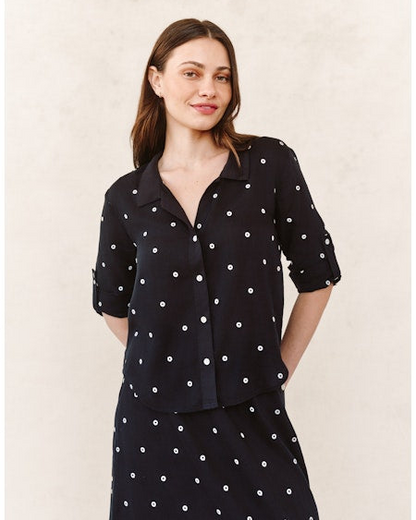Drop Collar Boxy Button Down - Cabana Dot black semi-sheer shirt with embroidered dots by BELLA DAHL