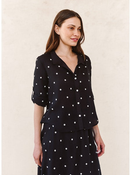 Drop Collar Boxy Button Down - Cabana Dot black semi-sheer top with embroidered dots by BELLA DAHL