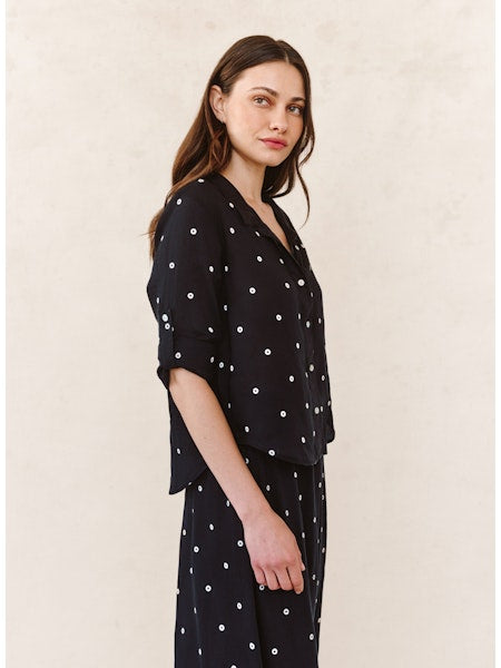 Drop Collar Boxy Button Down - Cabana Dot black semi-sheer shirt with embroidered dots by BELLA DAHL