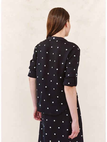 Drop Collar Boxy Button Down - Cabana Dot black semi-sheer shirt with embroidered dots by BELLA DAHL