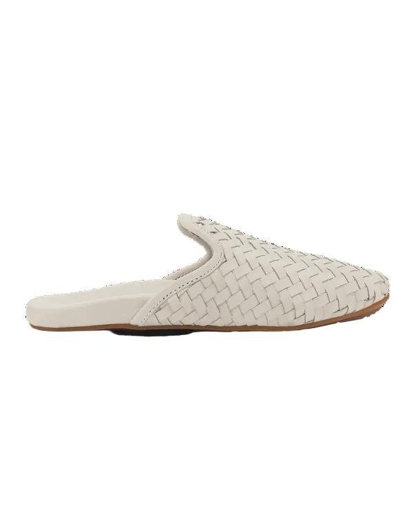Mi'i W slip-on mule in beige and brown woven leather with geometric pattern by OLUKAI