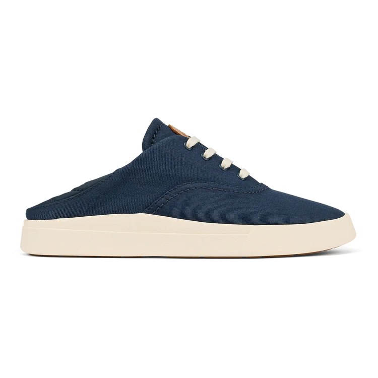 Navy canvas lace-up sneaker with white laces and cream sole, side view