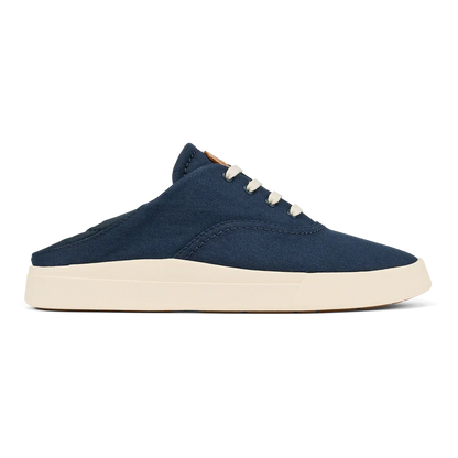 Navy canvas lace-up sneaker with white laces and cream sole, side view