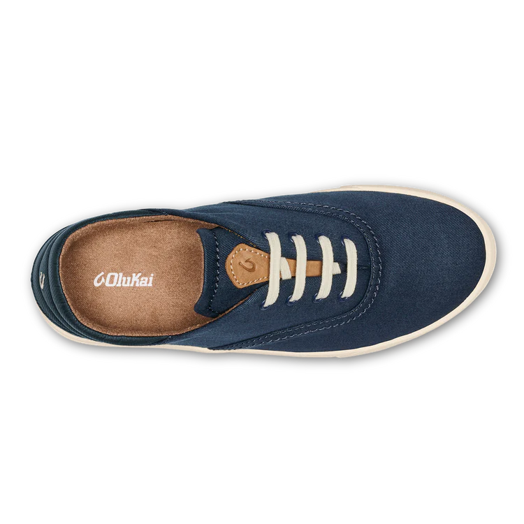 OLUKAI navy canvas sneaker with tan interior, white laces, cream sole