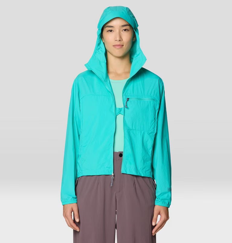 Wind Veil Hooded Jacket W in bright blue with lightweight, breathable fabric by MOUNTAIN HARDWEAR