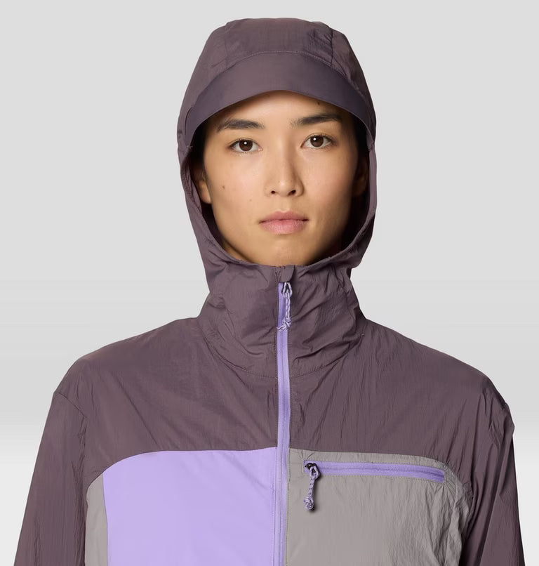 Wind Veil Hooded Jacket W in purple and gray with lightweight wind-resistant fabric by MOUNTAIN HARDWEAR
