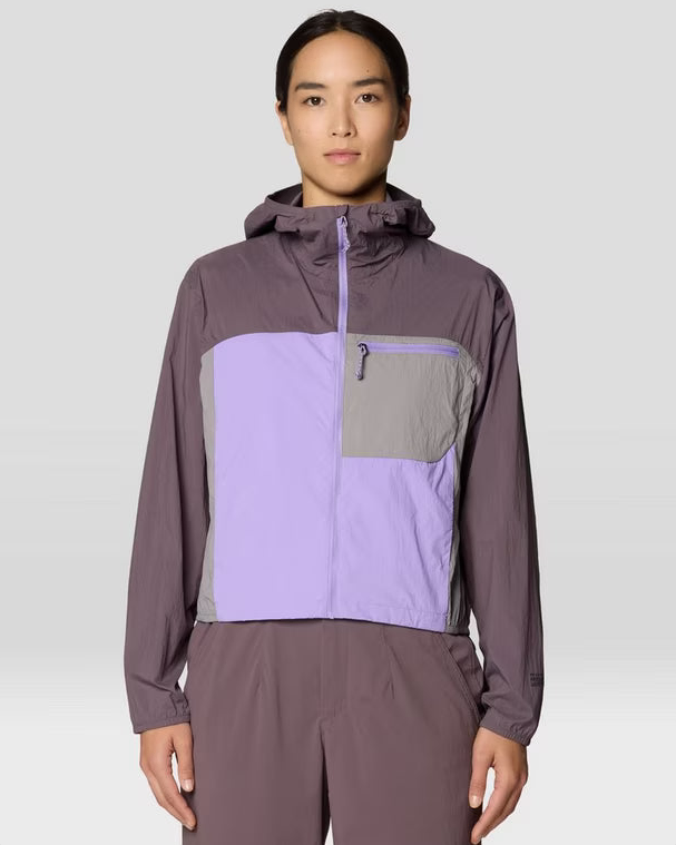 Wind Veil Hooded Jacket W in gray and multicolor with lightweight wind-resistant fabric by MOUNTAIN HARDWEAR