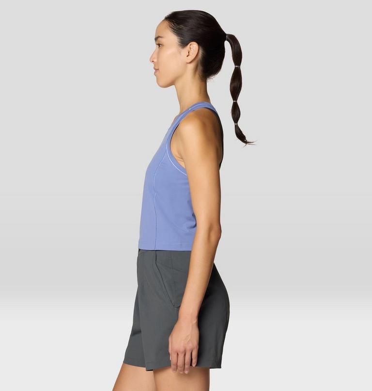 Side profile of blue Mountain Stretch Tanklette with moisture-wicking fabric by MOUNTAIN HARDWEAR
