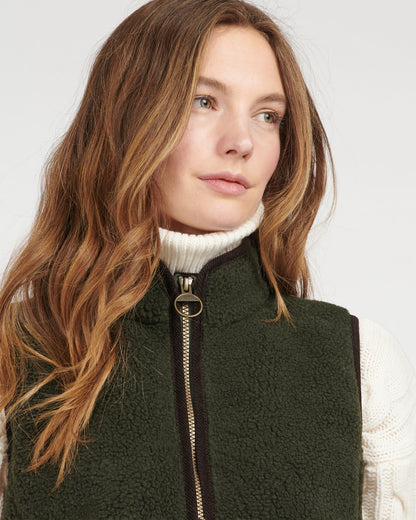 Burford Fleece sherpa vest in dark green with brown trim, cozy layering by BARBOUR INC.