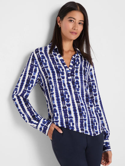 Shibori Stripe Top in blue with long bishop sleeves, shirt collar by NIC AND ZOE