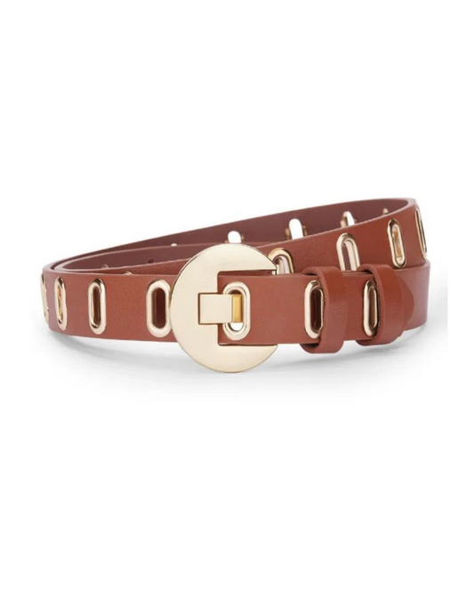 Brown leather belt with gold buckle on a white background