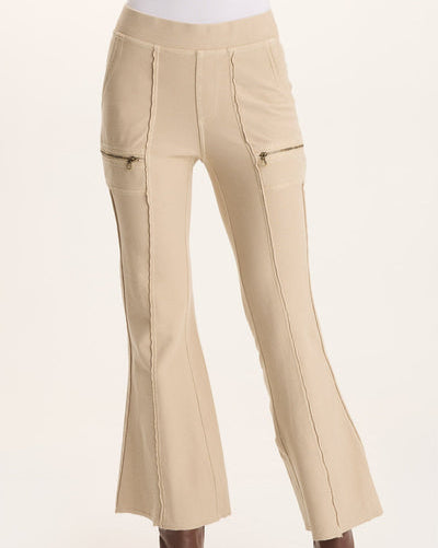 Ninian Flare Pant in beige stretch twill knit with zippered pockets, XCVI, Women's Pants SALE HCO