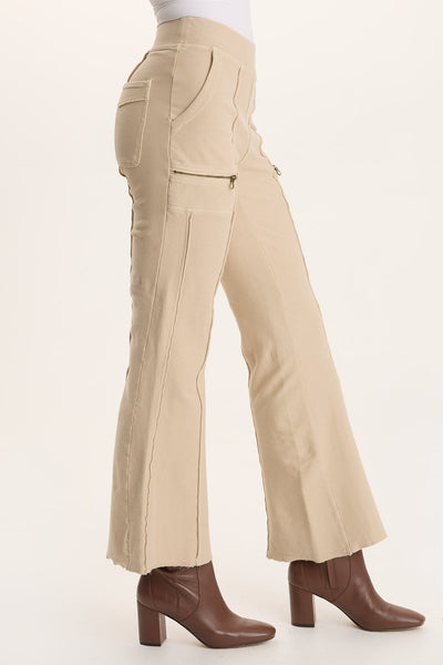Ninian Flare Pant in beige stretch twill with zippered pockets, XCVI, Women's Pants SALE, HCO FBG