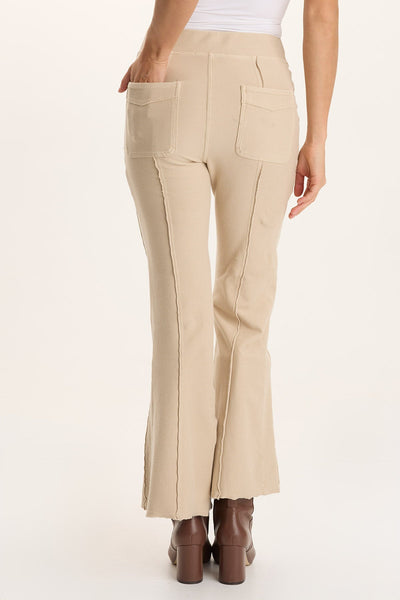Ninian Flare Pant in beige stretch twill knit with raised seams and patch pockets, XCVI sale