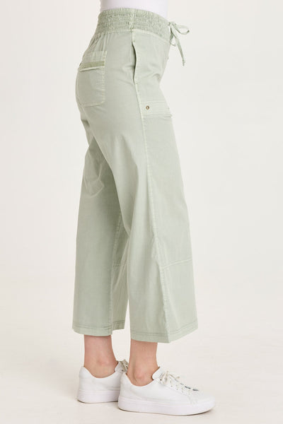 Artus Crop wide fit pants in green with ruched waistband and front back pockets by XCVI Women's Pants HCO