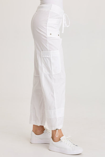 Jannik Pant in white with cargo pockets, drawstring waist, and cinchable leg openings XCVI Women’s Pants