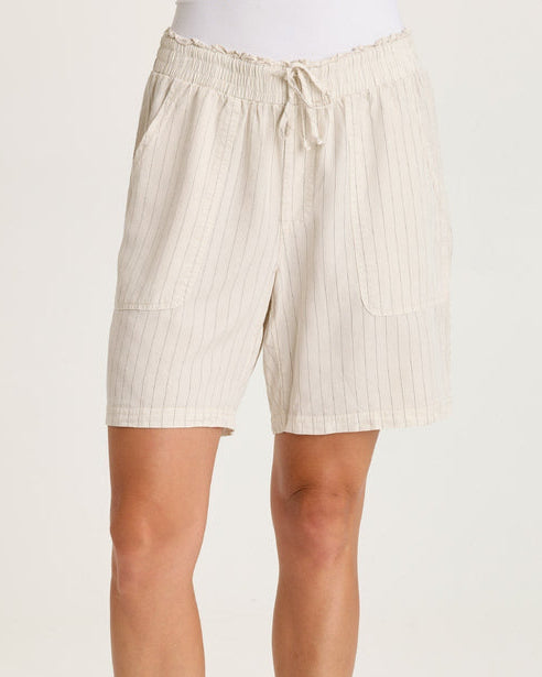 Lynn Short in beige pinstripe twill with paperbag drawstring waist and front pockets XCVI Women's Shorts HCO