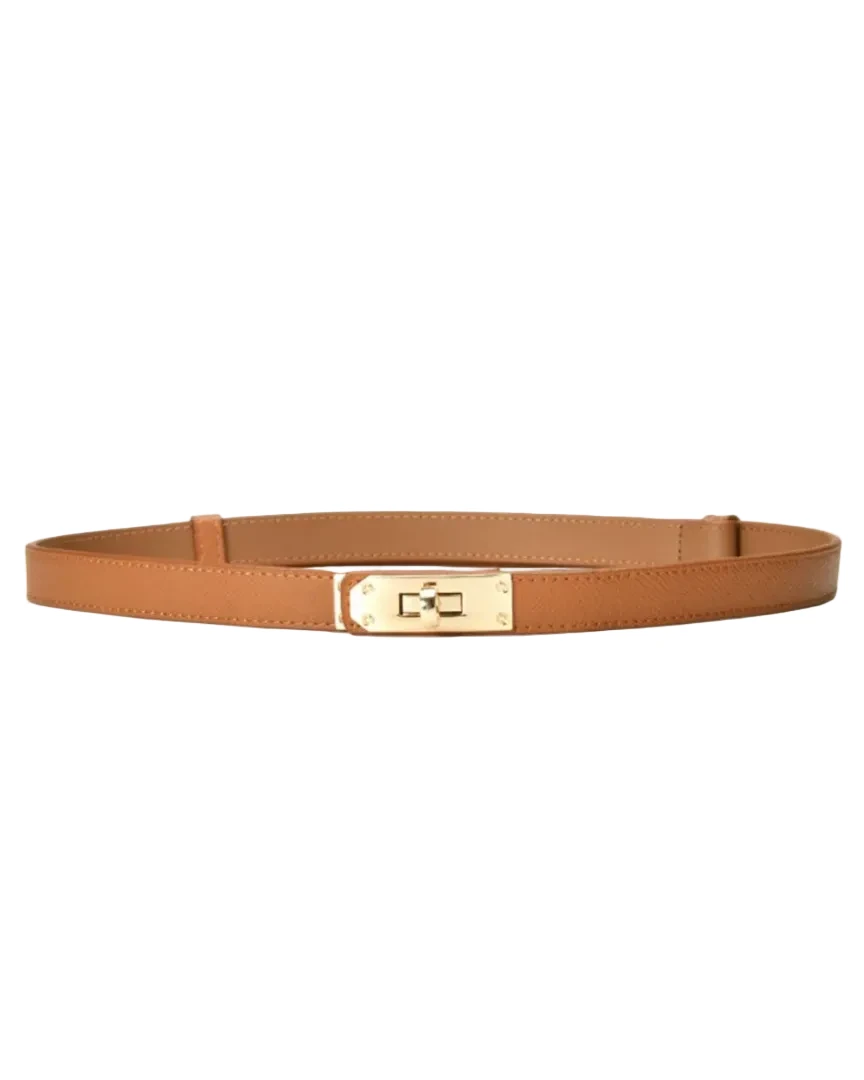 Tan belt with a gold buckle on a white background